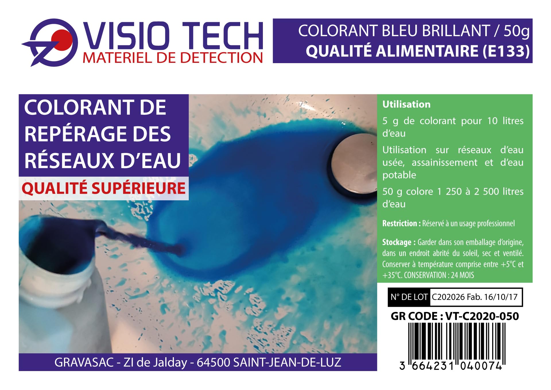 Colorant de repérage Bleu 50 g – Poudre Soluble dans l’Eau pour Recherche de Fuite, traçage de réseaux & usée – Colorant Haute visibilité pour canalisation & Tests d’étanchéité