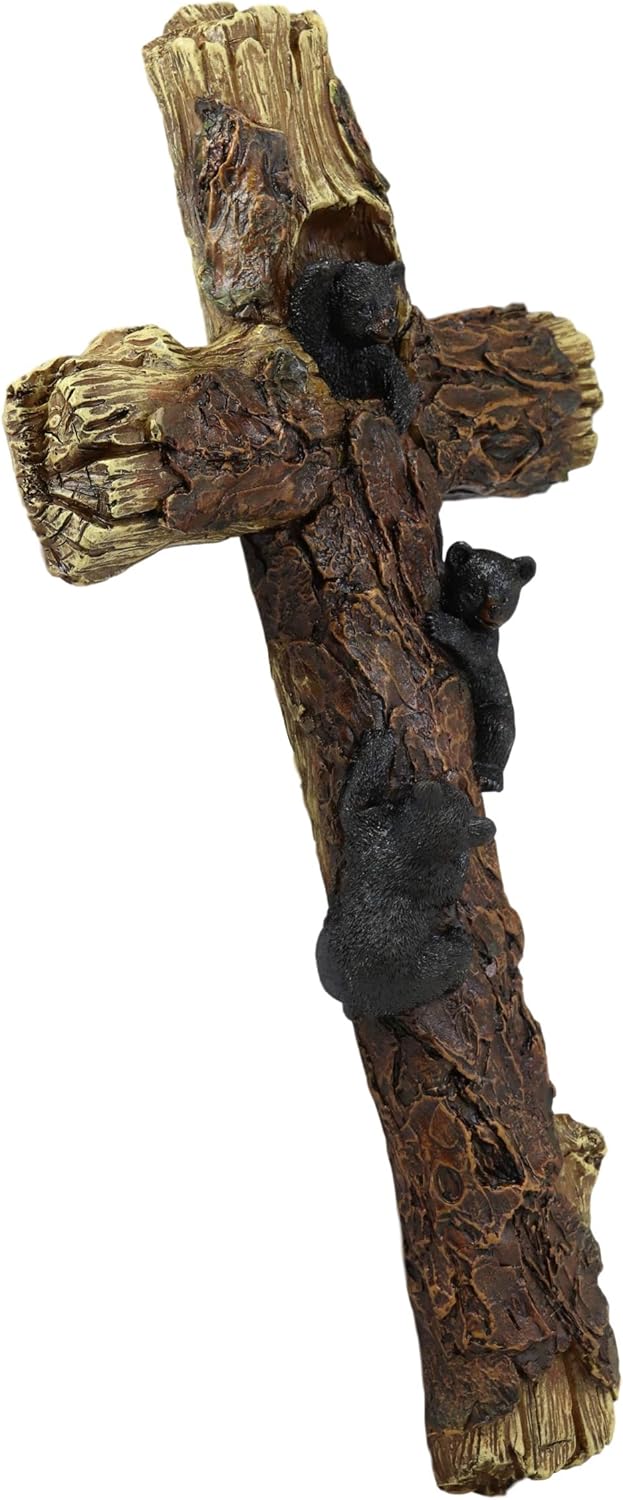 Ebros Gift Rustic Western 3 Playful Climbing Black Bears Wall Cross Decor Vintage Textured Tree Bark Design Hanging Sculpture 14.25"H Catholic Christian Country Cabin Lodge Accent Decorative Crosses