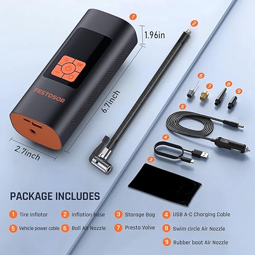 Miniatura 7 de Inflador de neumáticos, compresor de aire portátil, bomba de neumáticos USB de inflado rápido de 150 PSI con medidor de presión digital LCD DC 12V