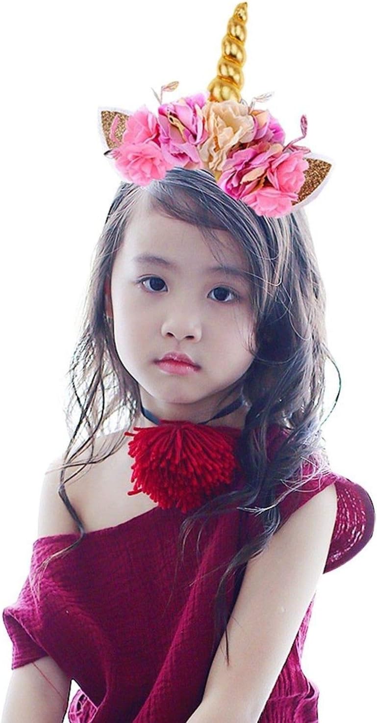 Kids Girls Unicorn Headband Gold Horn Ears Flower Headband Glitter Horn Headband Flowers Headwear Accessory for Christmas Party Cosplay Costume Birthday