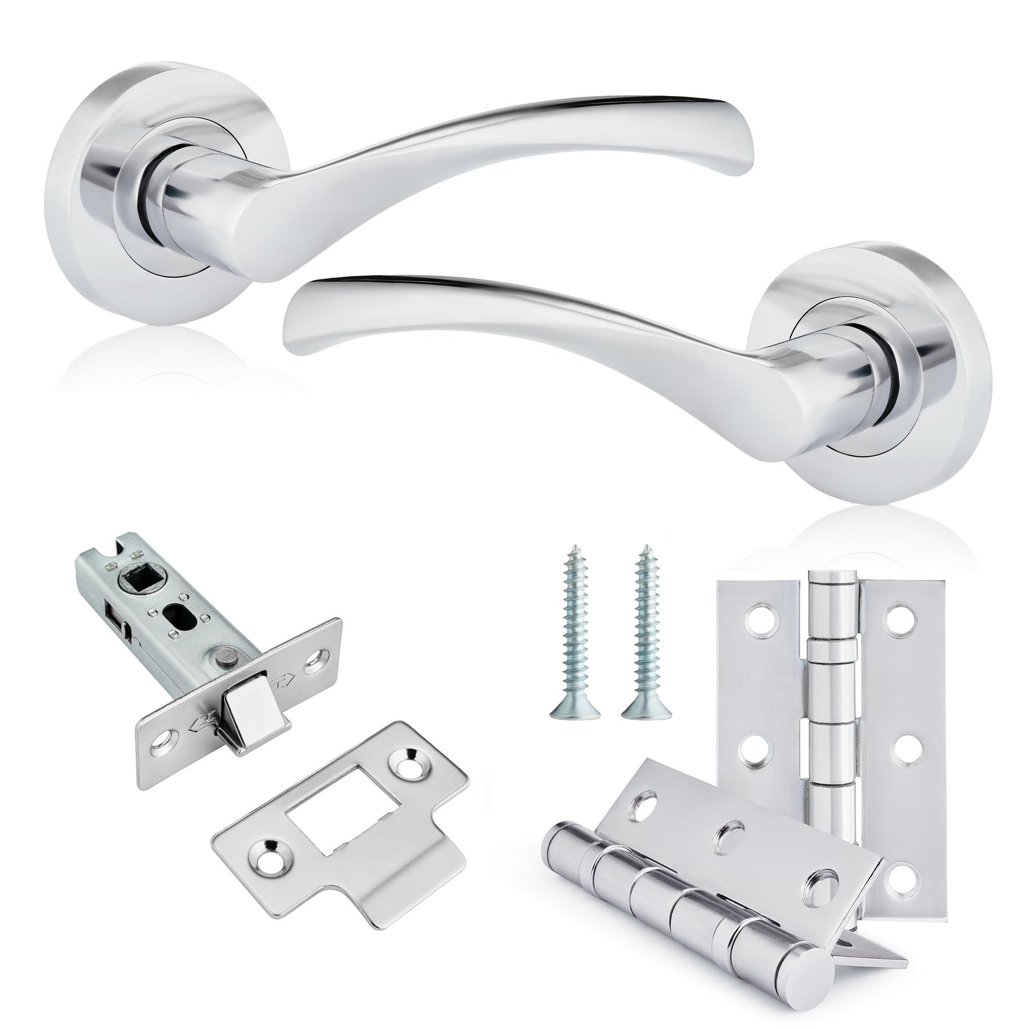 XFORT Warped Door Handle Latch Pack Includes Warped Lever on Rose Door Handles, 65mm Tubular Latch & 2 Hinges, Complete Internal Door Handle Set - Polished Chrome