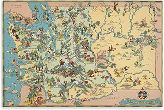 1935 Washington Vintage Cartoon Map Poster Washington Map Wall Art- Whimsical United States Tourist City Poster Unframe-style 12x18inch(30x45cm)