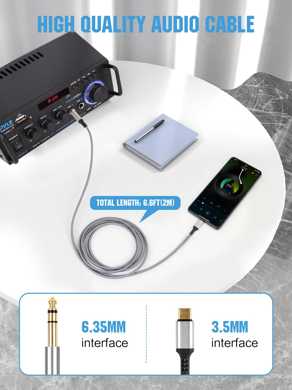Paquete de 2 cables TRS USB C a 6,35 mm de 6,35 mm, 2 m, adaptador de audio tipo C a 1/4, cable estéreo auxiliar para teléfonos, amplificador, altavoz, auriculares, consola de mezcla compatible con