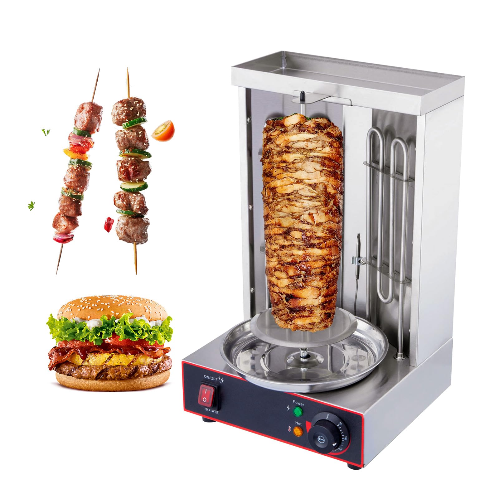 HAKKA Electric Shawarma Doner Kebab Machine, 360° Rotating Rotisserie Grill Commercial 2800W Vertical Stainless Steel Broiler Gyro Meat Roaster with Heating Plate