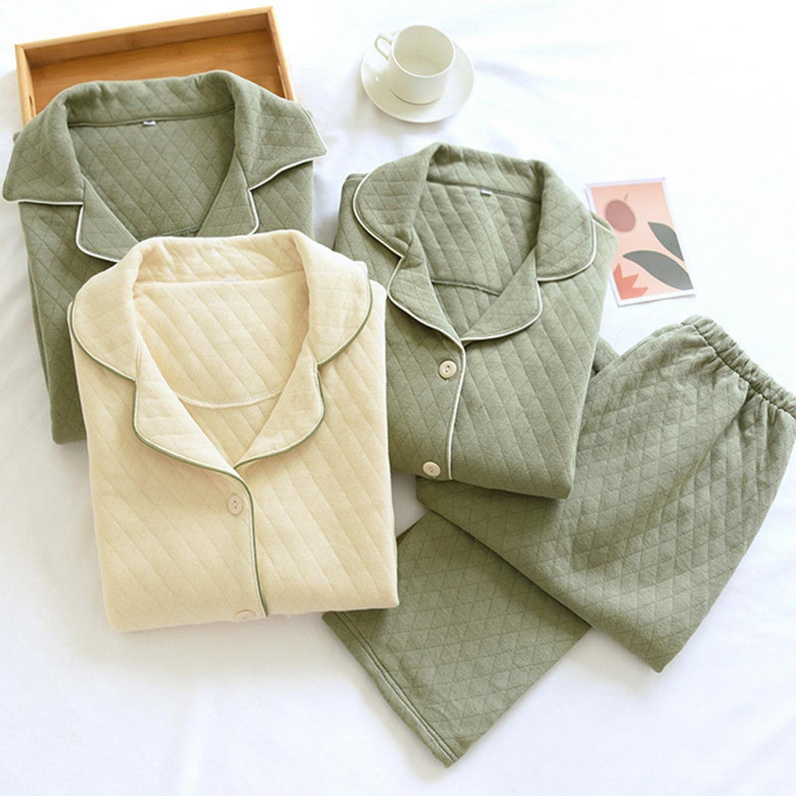 MOGSA Pijamas para mujer, pijamas de tres capas, acolchadas, para otoño, invierno, de algodón grueso, casual, ropa de hogar, para hombre