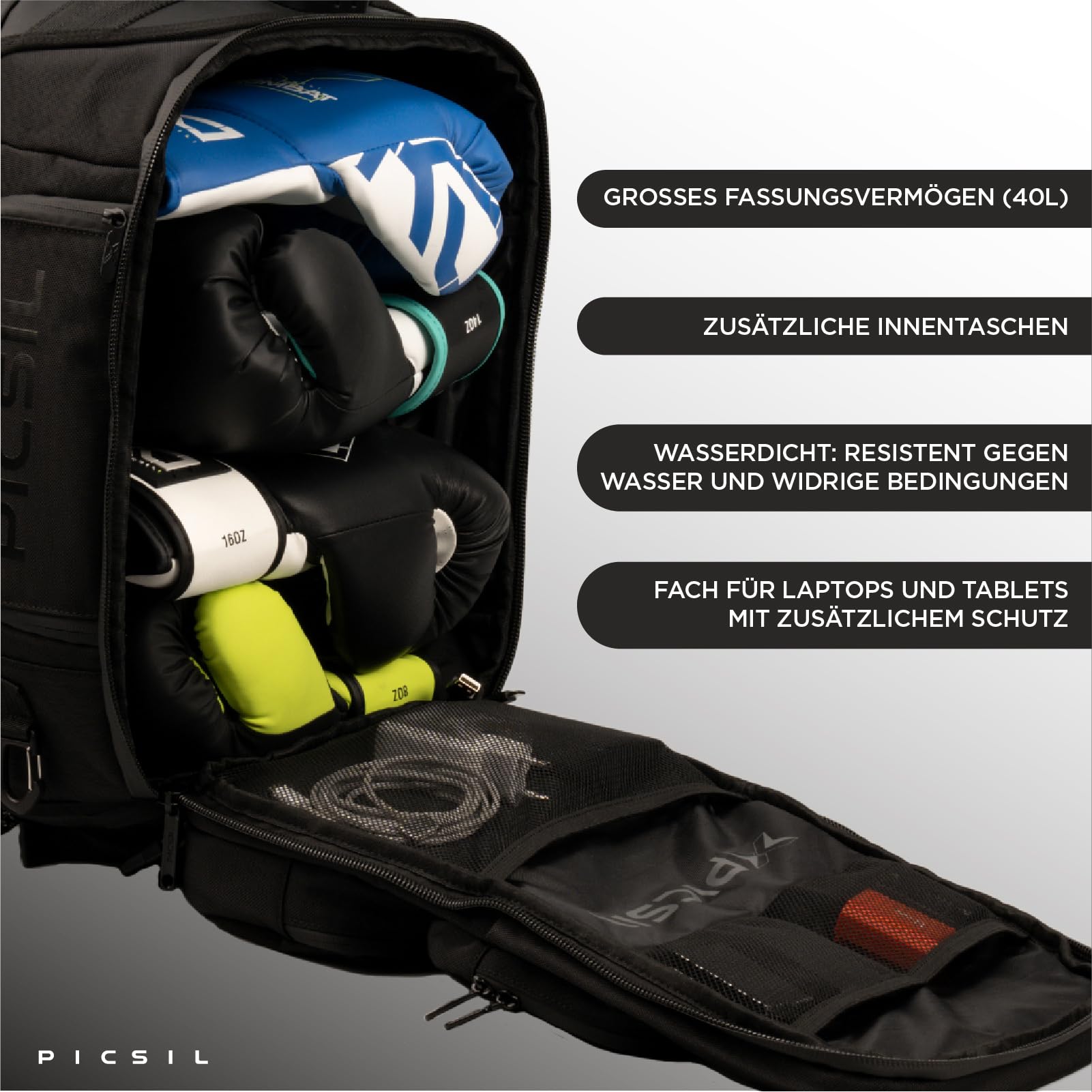 PICSIL Maverick 40L Taktischer Rucksack – Wasserdichter Trainingsrucksack für Fitness, Box und Outdoor, Laptopfach für 17" und MOLLE-System, Kabinenrucksack – Moonless