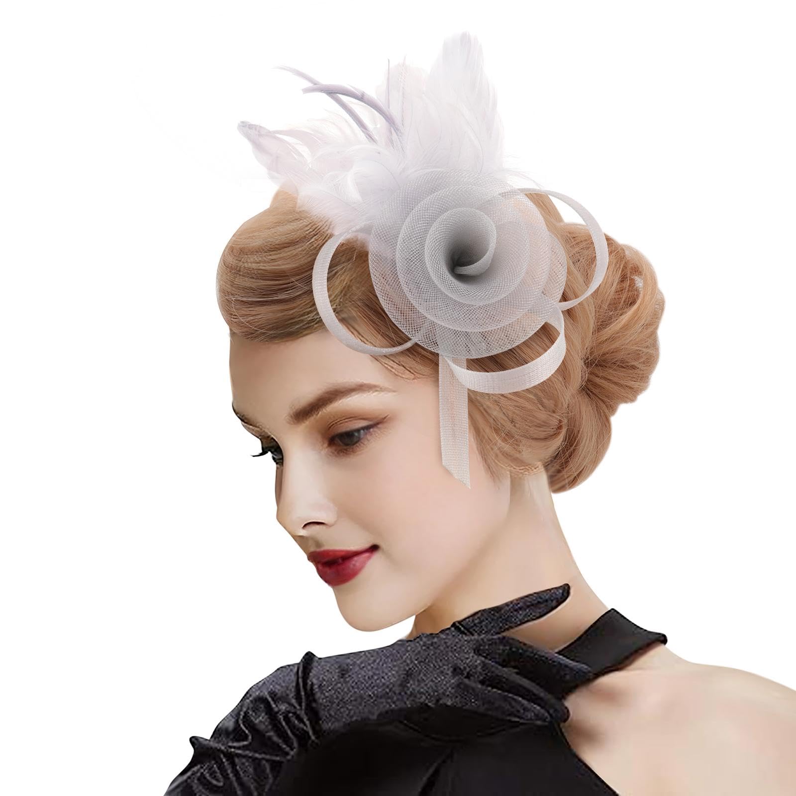 DRESHOW Fascinator Sombrero Flor de Plumas Clip de Pelo Elegante Sombrero de Malla Ideal para Fiestas, Cócteles, Bodas para Mujer