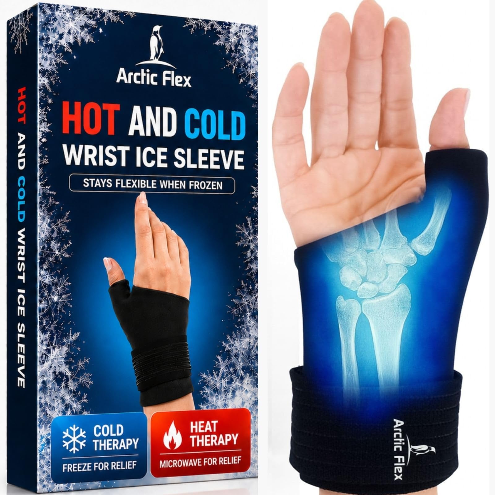 Arctic Flex Wrist & Thumb Ice Pack Wrap - Extra Strength Hot & Cold Therapy - Reusable Hand Freeze Sleeve - For Arthritis, Carpal Tunnel, Surgery, & Pain Relief (Fits Left & Right)