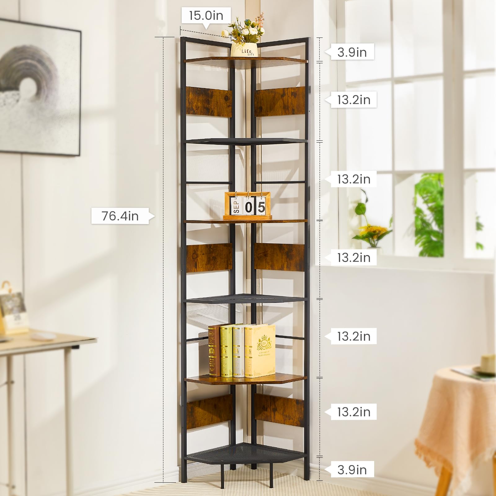 Snapklik.com : Tall Corner Shelf, 6 Tier Rustic Corner Bookshelf, 78.7 ...