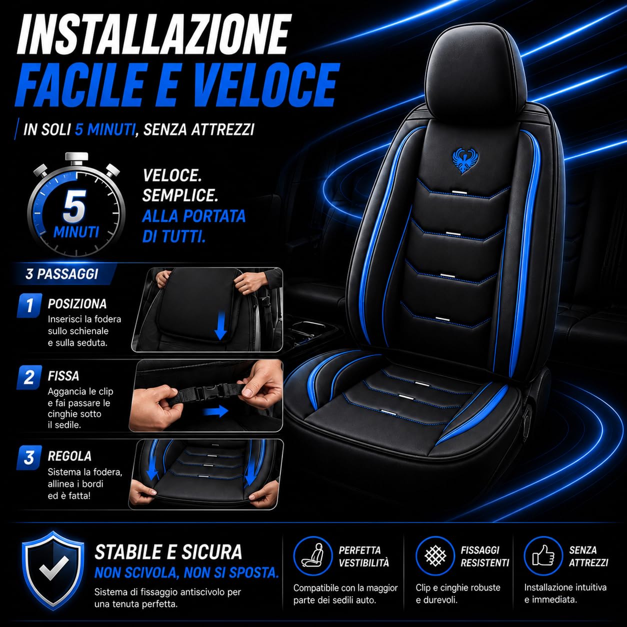 car passion 2 Housses Sportives universelles pour sièges Auto en Simili Cuir Avant avec appuie-têtes, compatibles airbags latéraux, Look Dynamique (2 Housses Bleues)