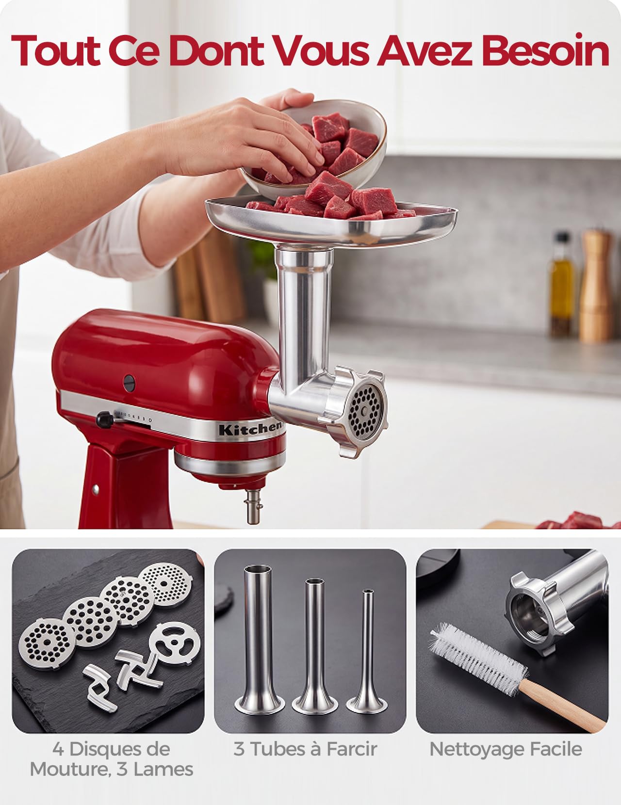 Accessoire Hachoir à Viande pour Robot Ménager KitchenAid | Comprend un Poussoir à Saucisse, une Brosse de Nettoyage, Acier Inoxydable un Ensemble Trancheur-râpe pour KitchenAid
