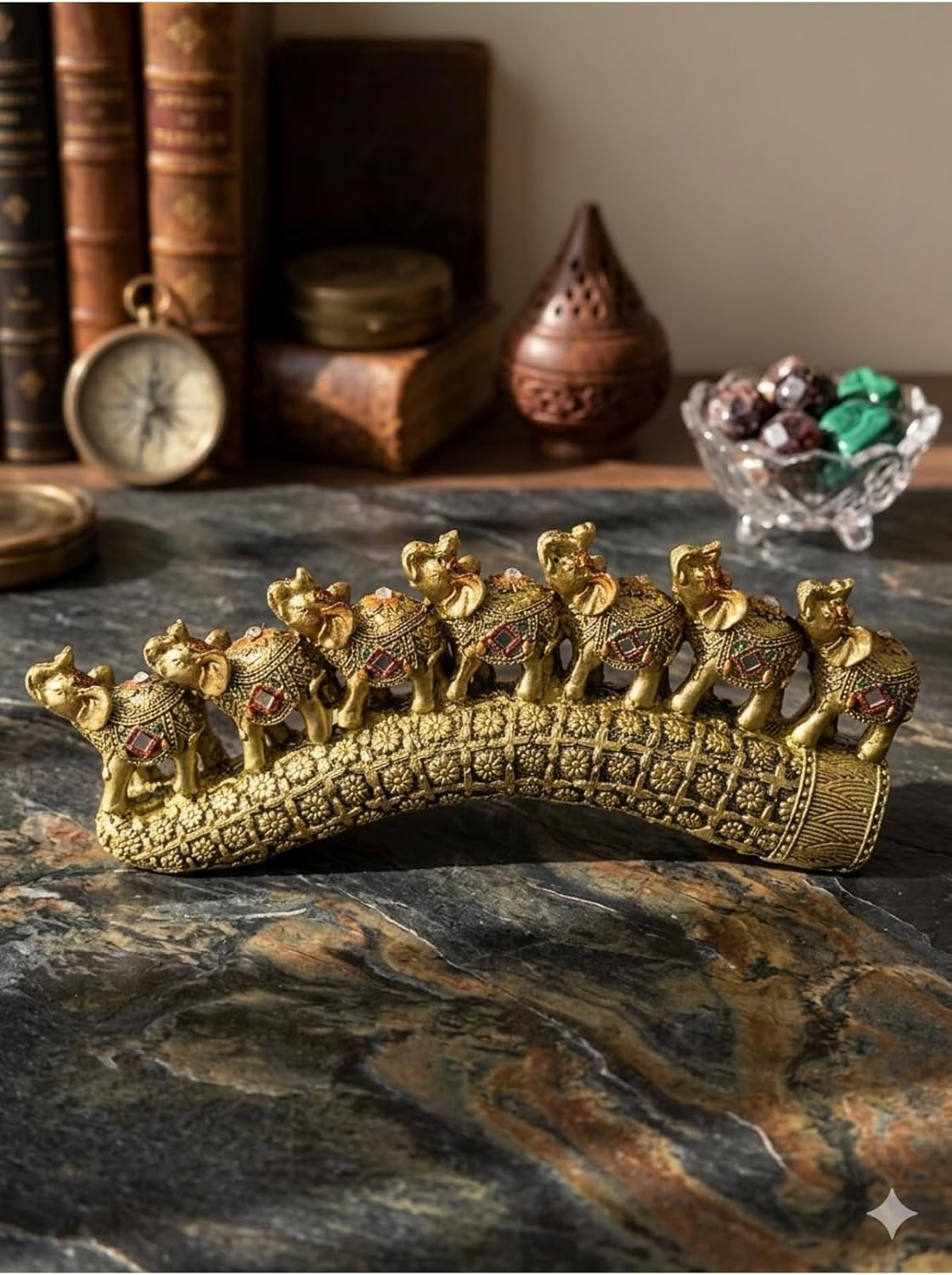 SODEF Quality Elephant Decorative Accent Set 7 Pieces Antique Gold Finish 10 inch Height - Gold