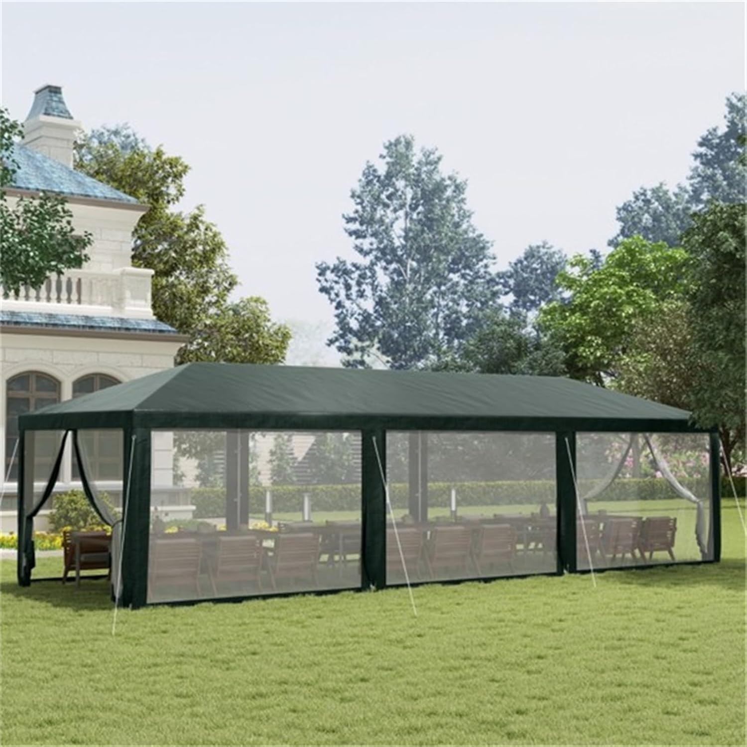 27.9' X 9.4' X 8.4' Folding Camping Tent, Large Rectangular Tent, Eight Mesh Side Walls, Front and Back Openings with Zippers, Provide Shade for Weddings, BBQs or Other Outdoor Events, Green