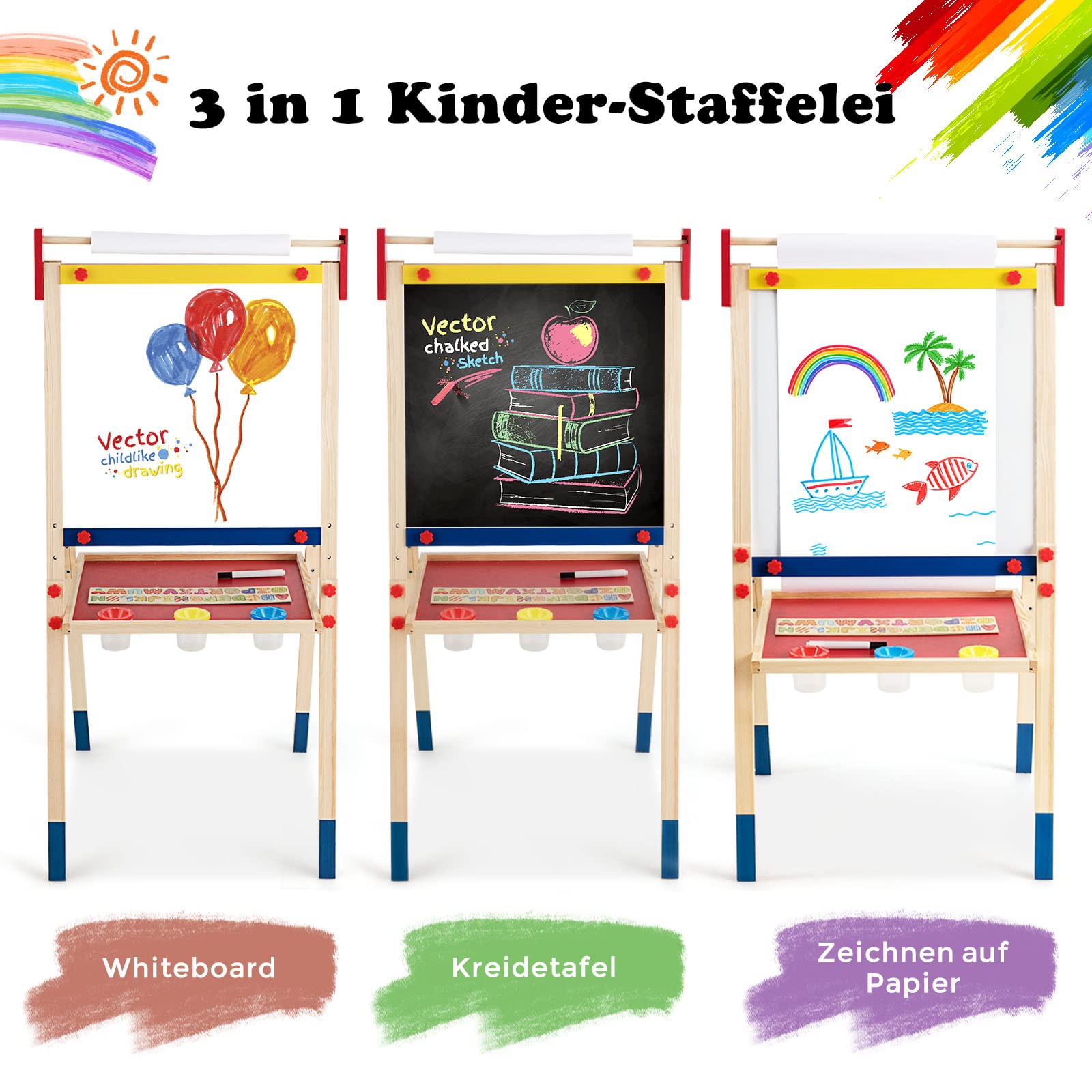 DREAMADE 3 in 1 Kinder-Staffelei aus Holz, Doppelseitige Standtafel mit Kreidetafel & magnetischem Whiteboard, Höhenverstellbare Kindertafel mit Papierrolle & viel Zubehör, für Kinder Malen