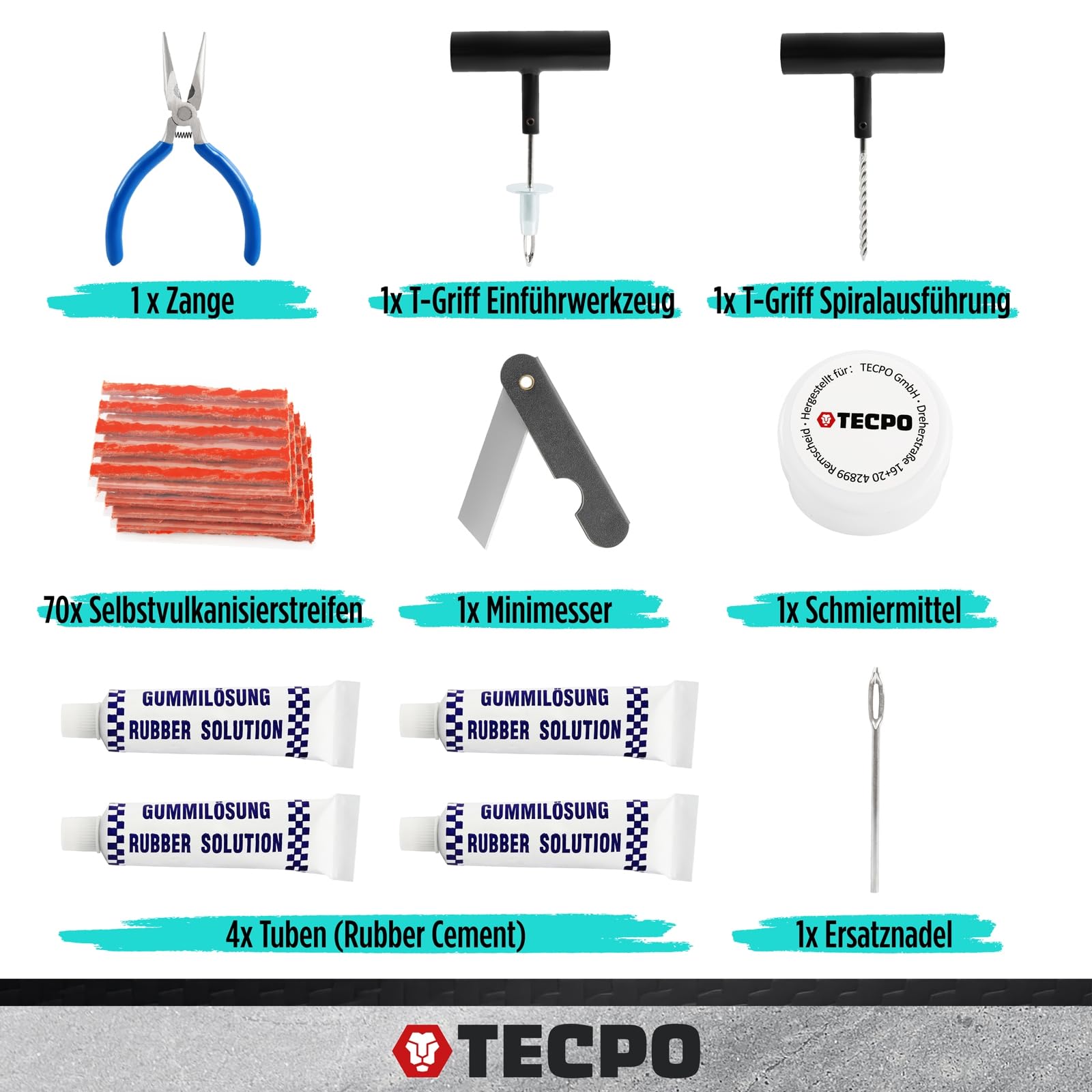 TECPO Reifenreparaturset Set 78-tlg. Auto Motorrad LKW PKW Vulkanisier Flickzeug Panne Notfall Reifendichtmittel mit T-Griff
