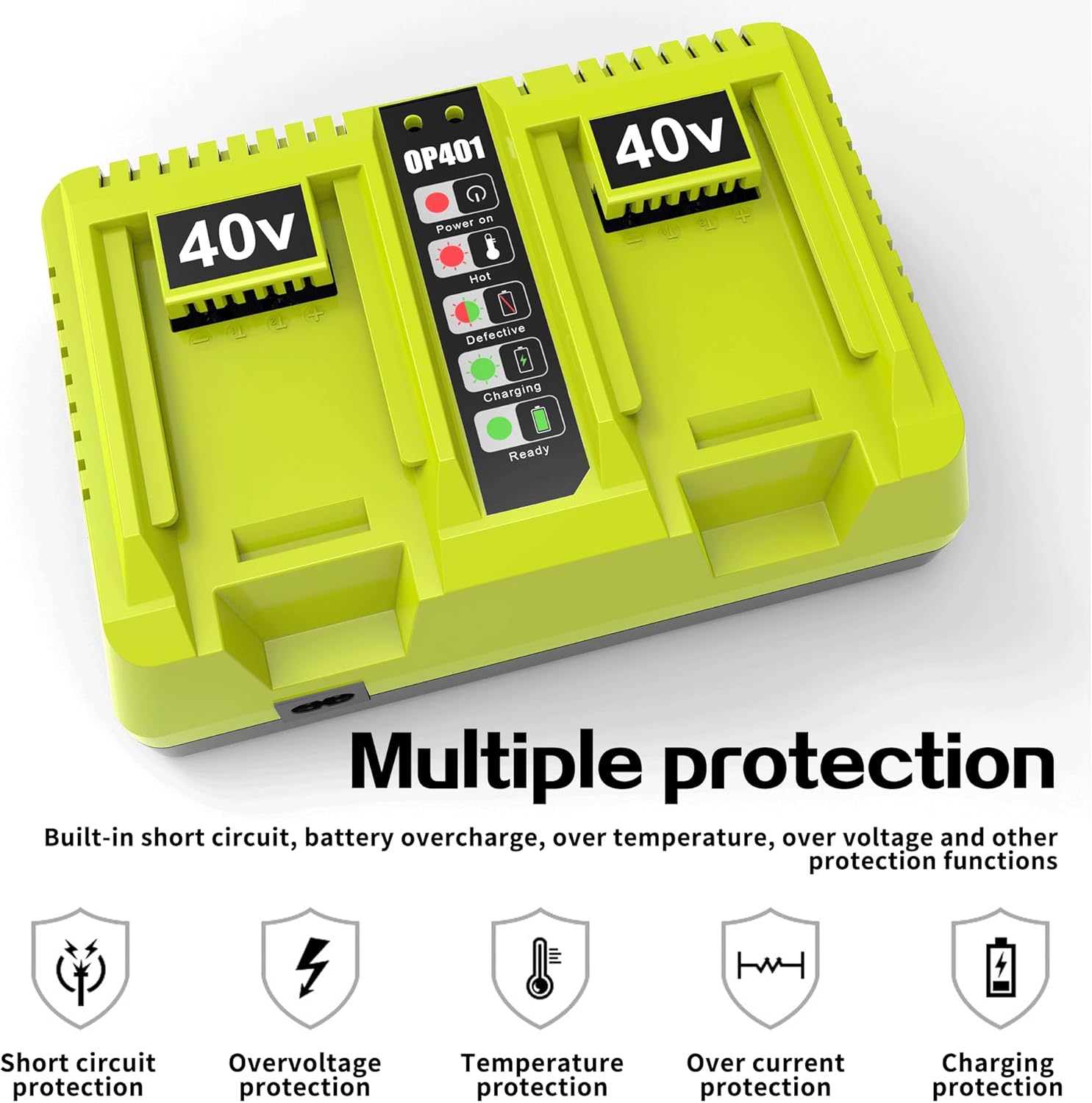 energup 2Port OP401 Charger for Ryobi 40 Volt Lithium Battery, Dual Ports Compatible with 40V OP4015 OP4026 OP4040 OP4050 OP4060, for Lith-ion Ryobi 40V Battery Charger