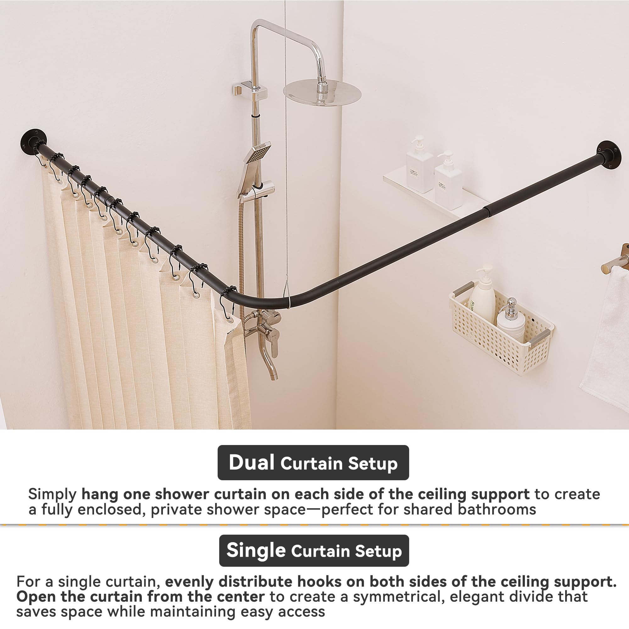 Asta Doccia Angolare a L, Regolabile [60-132 cm] x [60-132 cm], Robusta e Regolabile 90° per Bagno, Vasca ed Esterno con 12 Ganci e Supporto a Soffitto