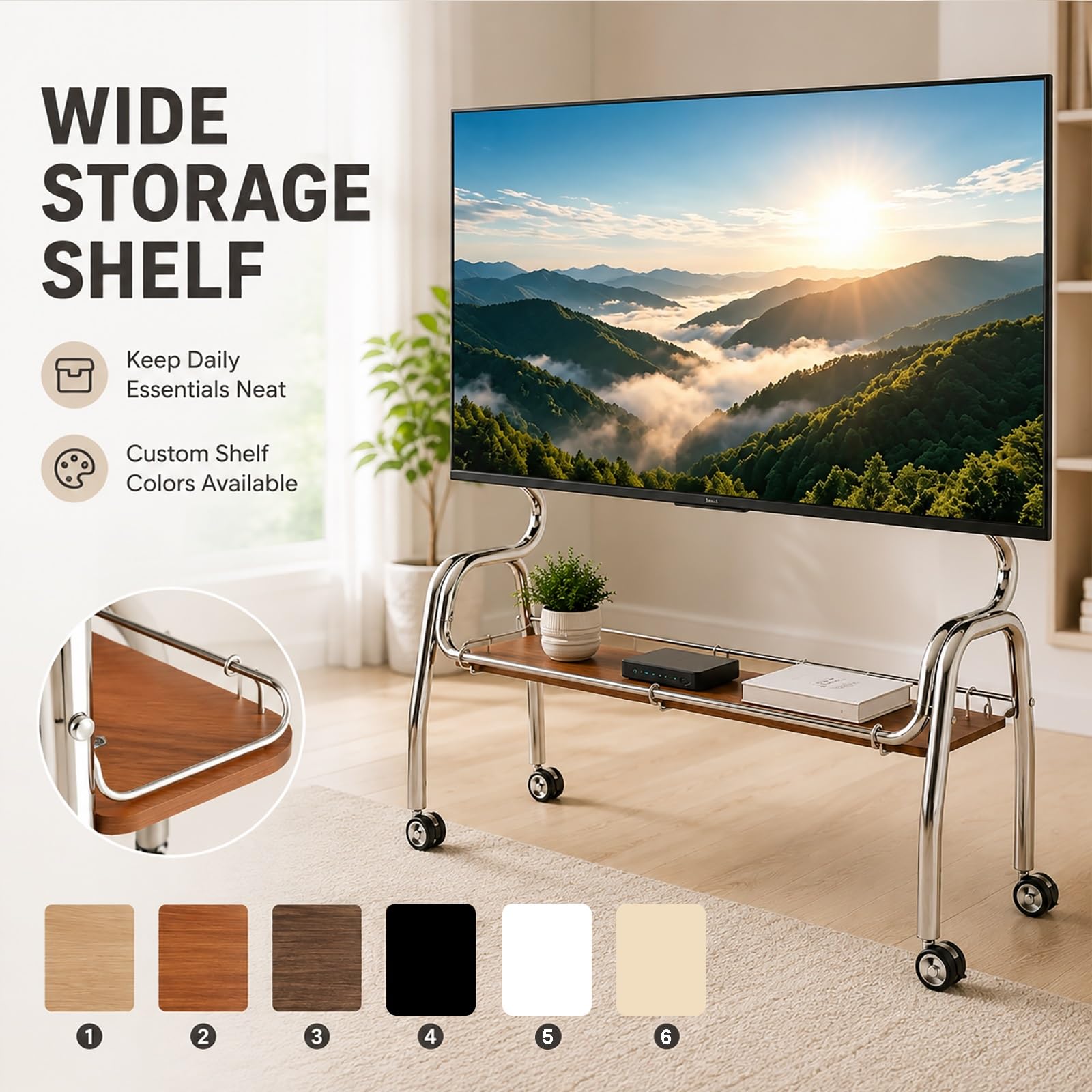 Supporto TV Mobile con Ruote, Supporto TV Portatile per Televisori da 32–75 Pollici | Ruote con Blocco, Acciaio Inossidabile, Carrello Autoportante con Mensola Portaoggetti(Black,120cm/47in)