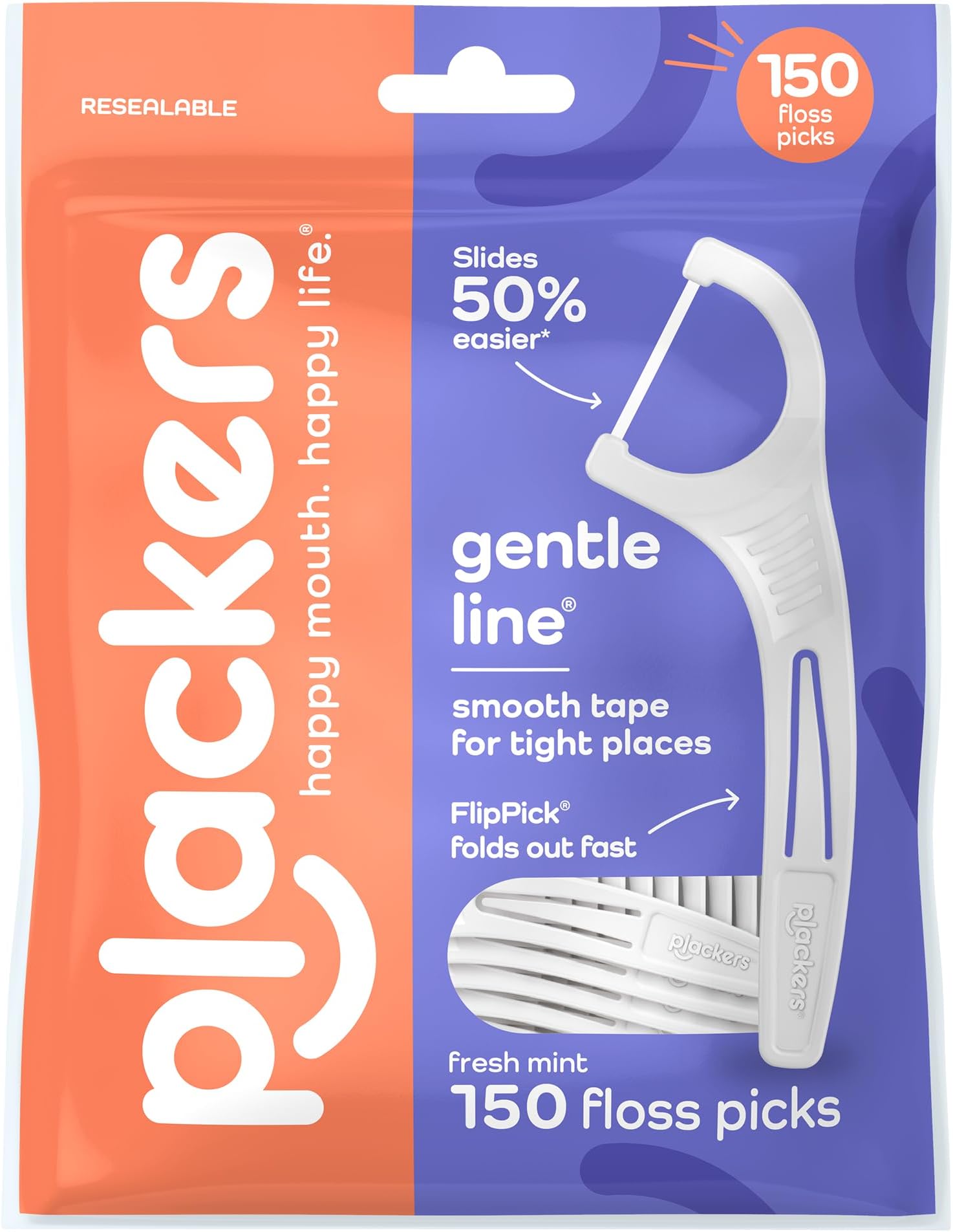 Plackers® Gentle Line® Floss Picks, Super Soft, GentleSlide® Fiber Made Without PTFE, Slides Easily Between Teeth, Fresh Mint, 150 Count