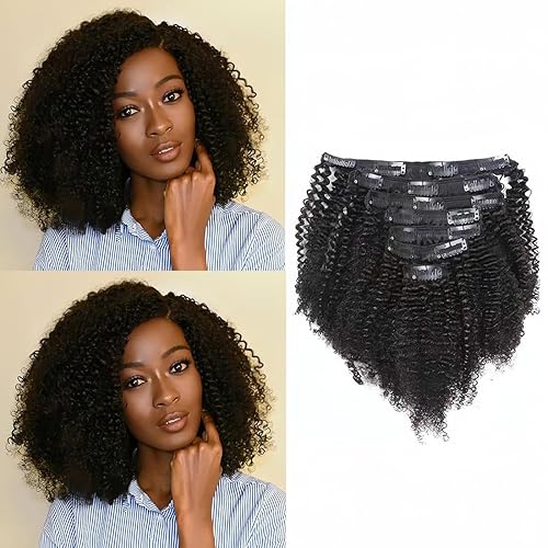 Caliee Afro Coily - Extensiones de cabello con clip 3C y 4A 100 cabello humano virgen para mujeres negras afro rizado doble trama 7 piezas 14