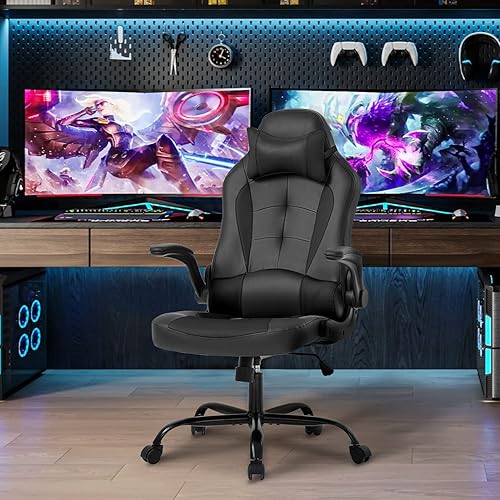 Miniatura 8 de BestOffice Silla ergonómica para juegos de PC, silla de oficina con soporte lumbar, reposabrazos abatibles, reposacabezas de piel sintética, silla