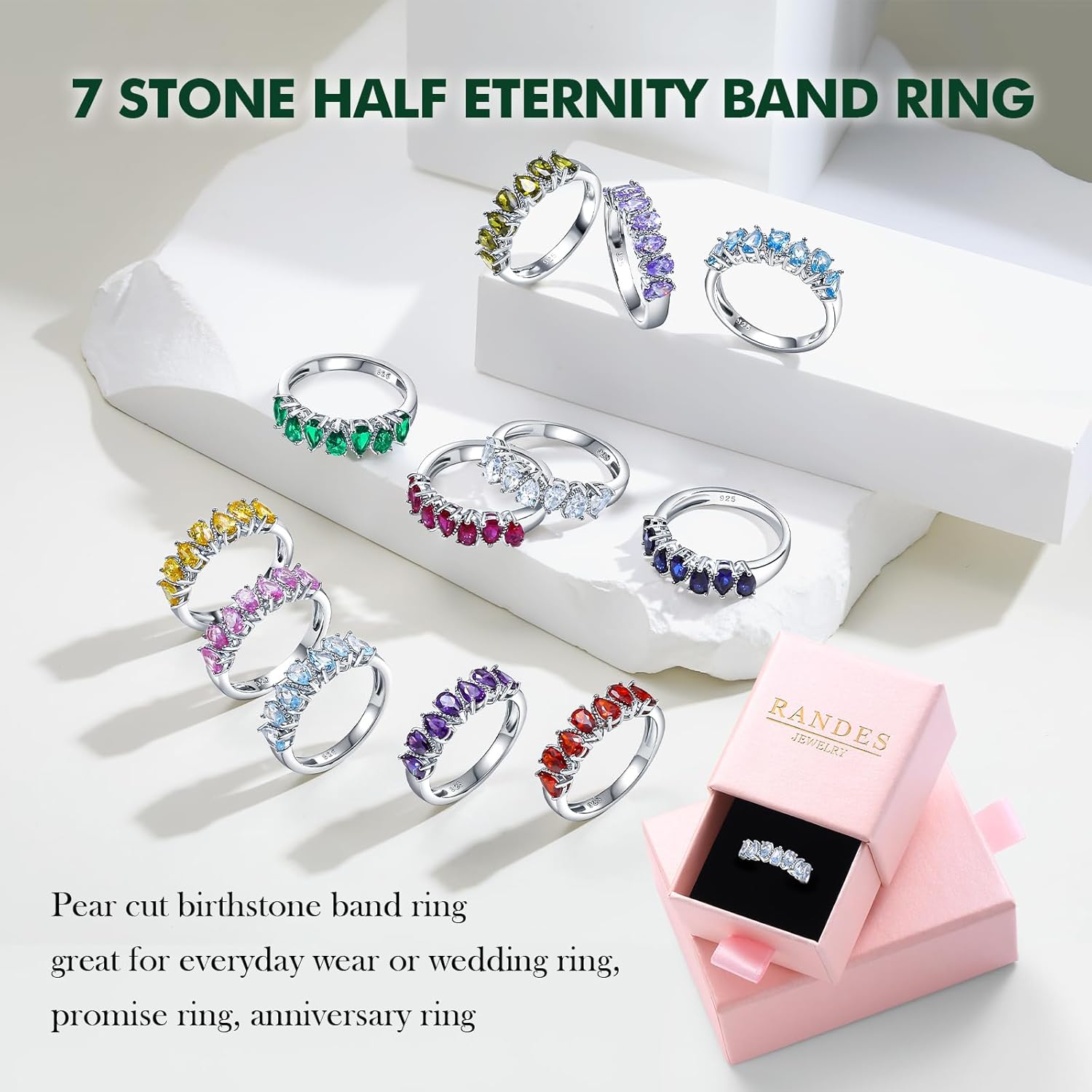 Pear Cut Half Eternity Band Rings for Women 7 Stone Engagement Ring 925 Sterling Silver Created Gemstone Ring Birthstone Rings Wedding Bands Size 6 to 10 - Image 4