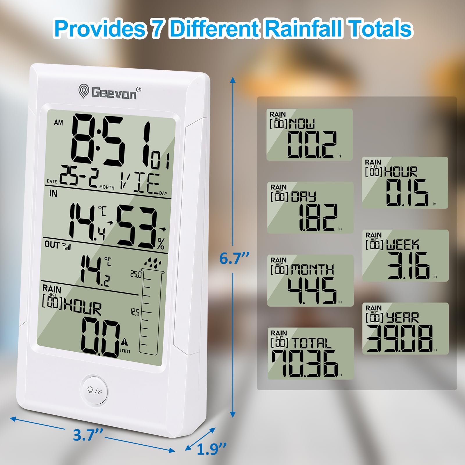 Geevon Digitaler Regenmesser mit Thermometer, Niederschlagsmessung im Freien, genaue Daten klare Anzeige, breiter Erfassungsbereich, Hochwasseralarm, einfache Einrichtung, Außentemperatursensor