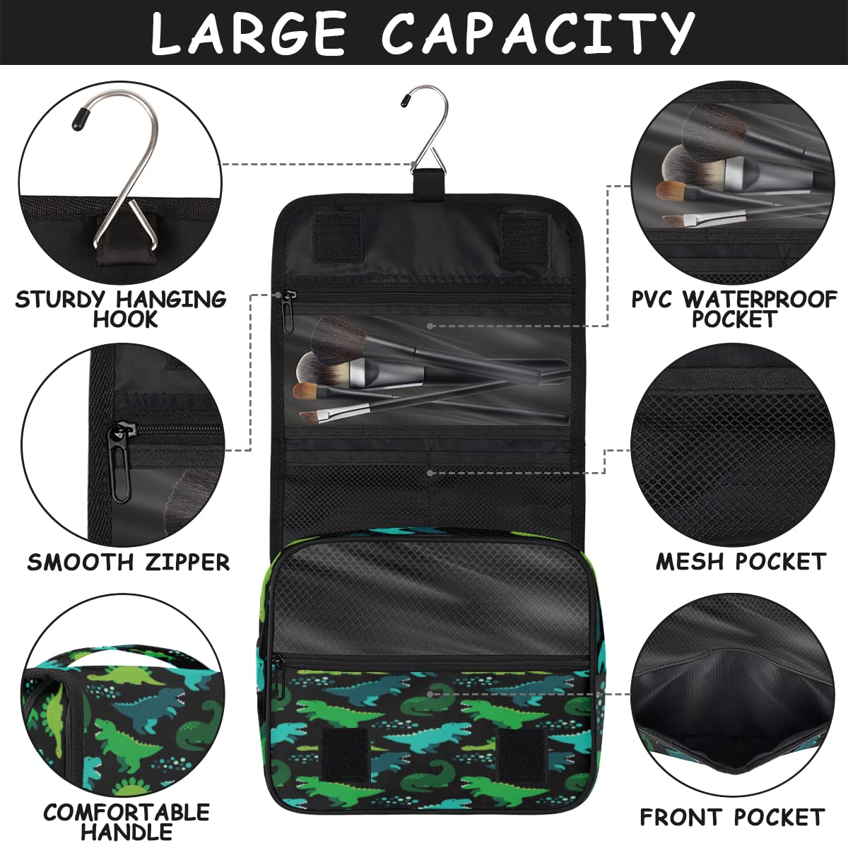 Caroon Dinozaur Podróżna Kosmetyczka Zabawny Dinozaur Mycie Torba Unisex Wiszące przybory toaletowe Kosmetyczka Organizer do makijażu, wielobarwny, Jeden rozmiar