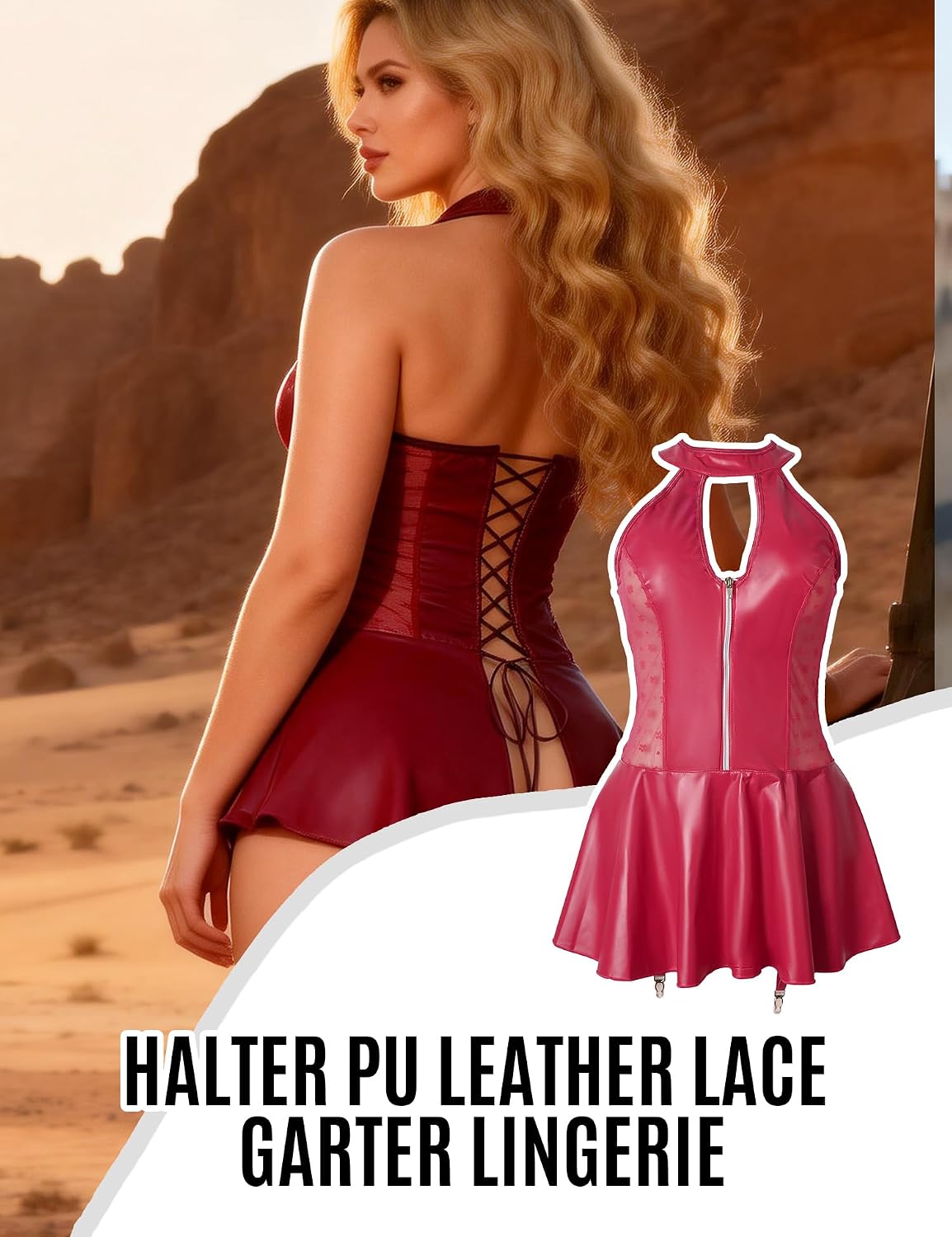 Women Faux Leather Lingerie Mini Dress Halter Neck, S-2XL