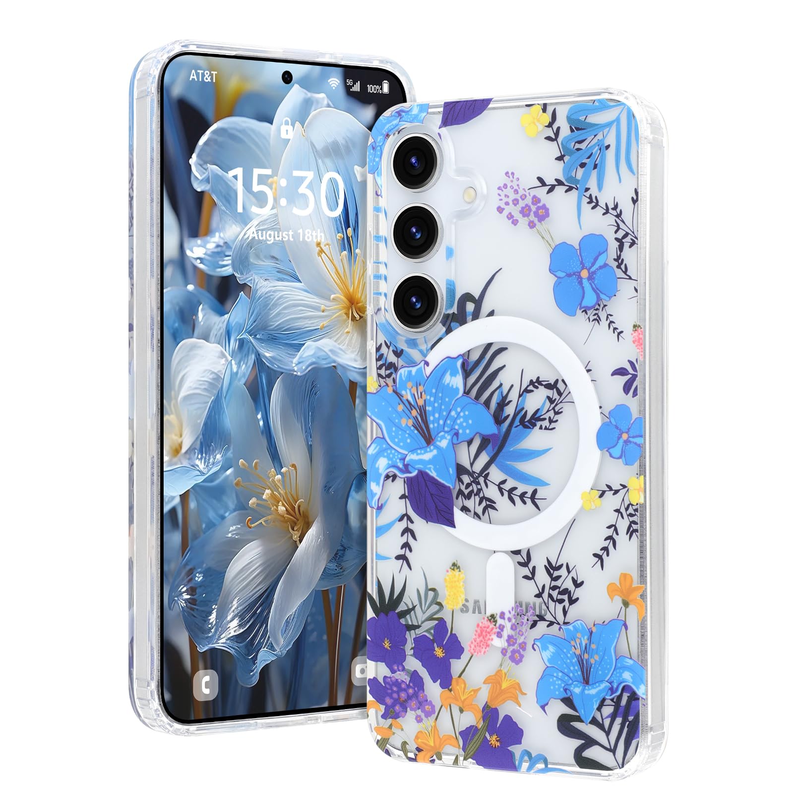 AIGOMARA Magnetic for Samsung Galaxy S25 Plus Case [Compatible with MagSafe] Clear Floral Flower Pattern Design, Slim Anti-Yellowing Shockproof Phone
