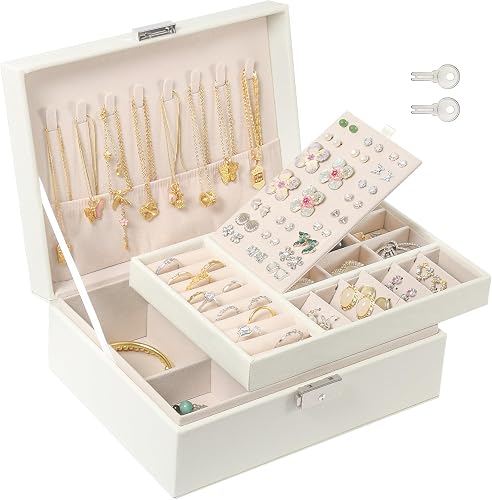 Jewellery Box, 2 Layer Jewelry Organizer with 2 Keys, PU Leather Jewellery Box Organizer, for Women