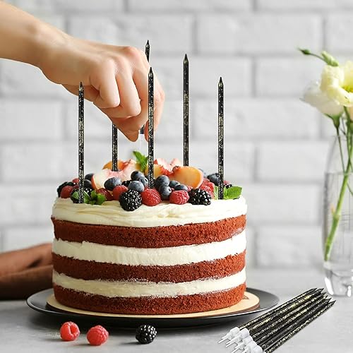 Miniatura 7 de Nuanchu 24 velas de pastel de cumpleaños de oro negro largas y delgadas velas metálicas para decoración de cumpleaños, boda, aniversario