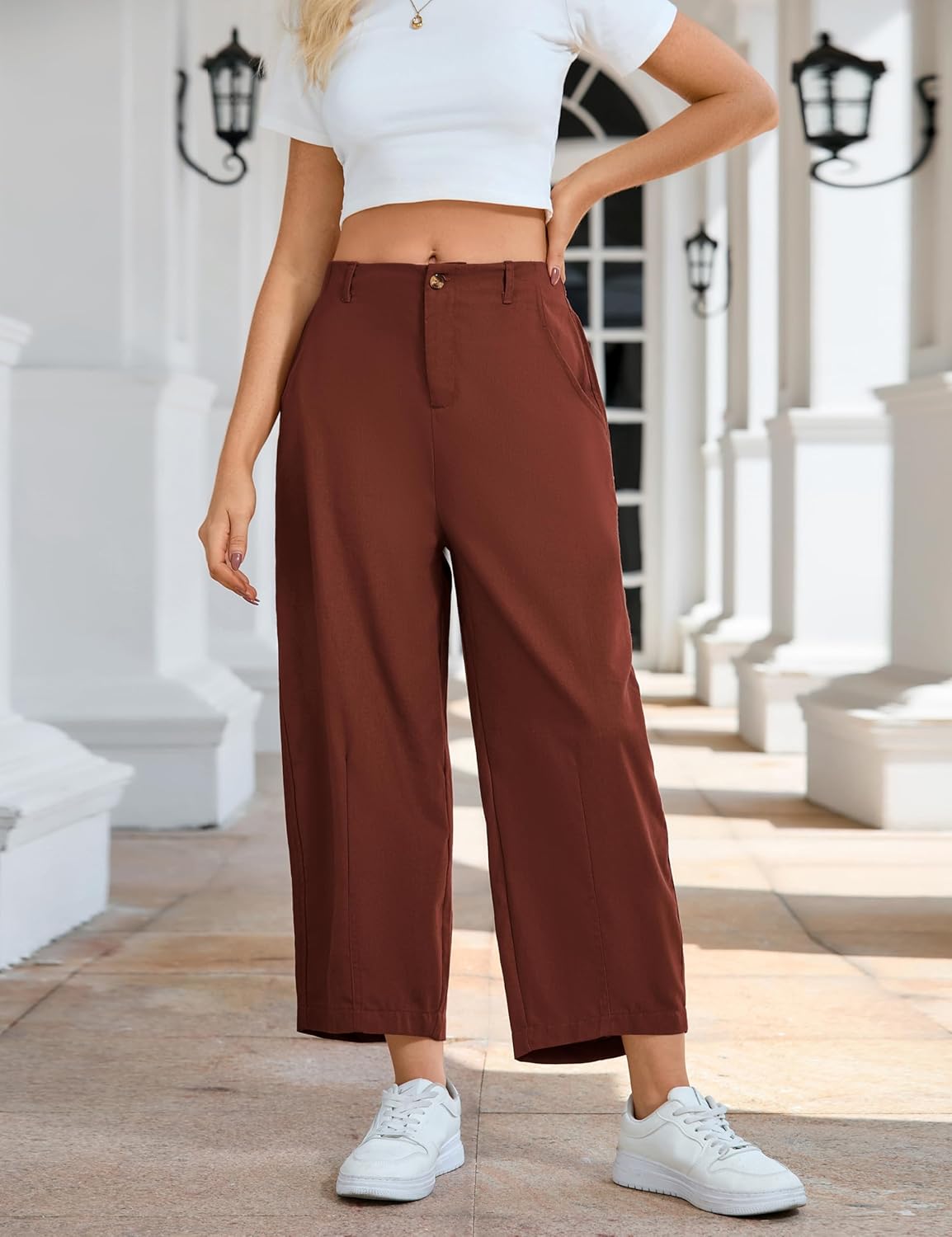 Xiaoxuemeng Linen Pants Women Wide Leg Capri Beach Pants Elastic Waisted Baggy Linen Trousers - Image 8