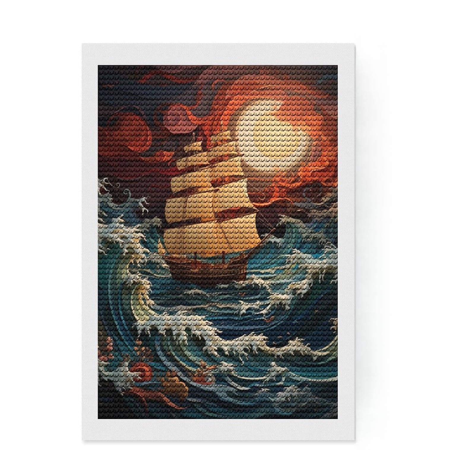 Junmoney Boat in The Storm DIY Diamond Art Canvas Kit 8"x12", Sparkling Round Gems, Adhesive Canvas, Office Decor, Holiday Gift Idea