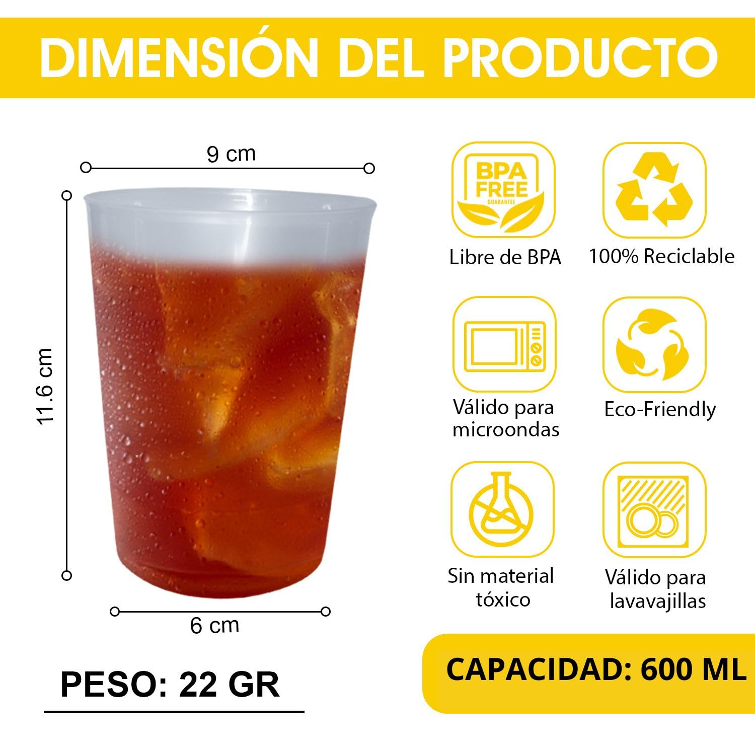 100 Vasos de Sidra 600 ML Reutilizables - Plástico Duro Irrompible - Uso en Fiestas, Oficina o Camping - Ecológico sin BPA - Para Agua, Cocktail, Cubatas, Gin Tonic y Cerveza