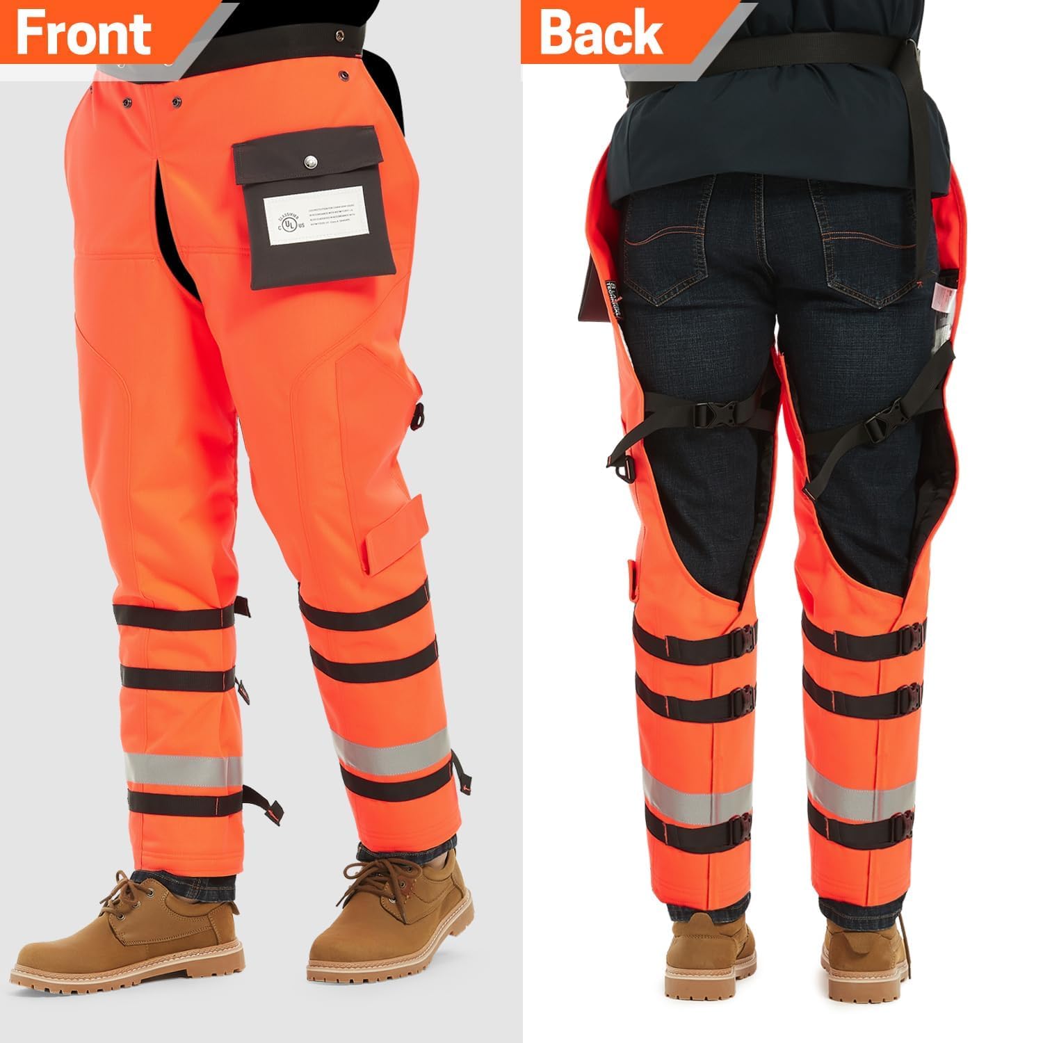 Pantalones de motosierra de 8 capas para motosierra UL Clase A, estilo delantal, naranja, L