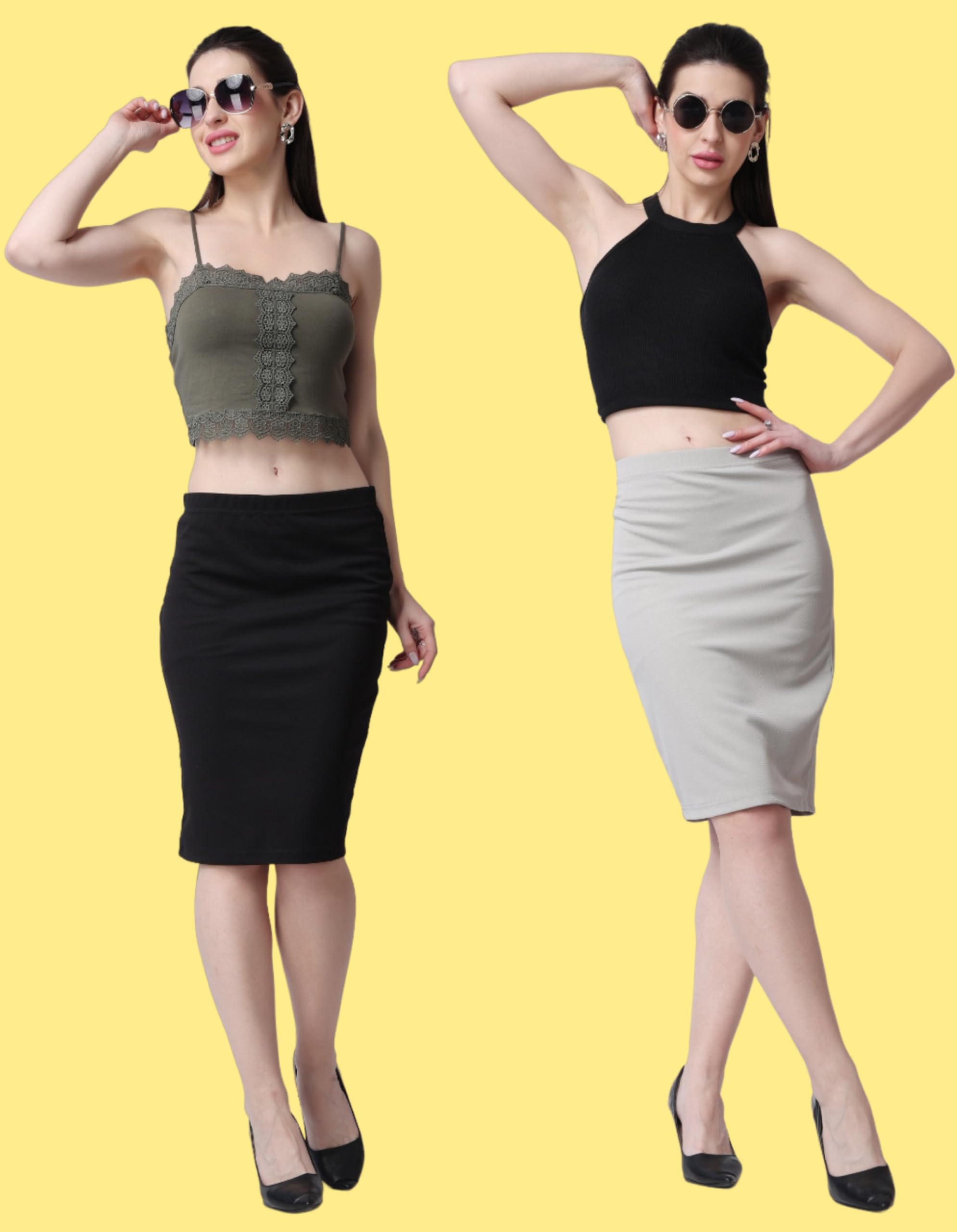 POPWINGS Gonna a tubino da donna casual tinta unita bianca e nera (confezione da 2 gonne) | Gonna alla moda | Set di gonne