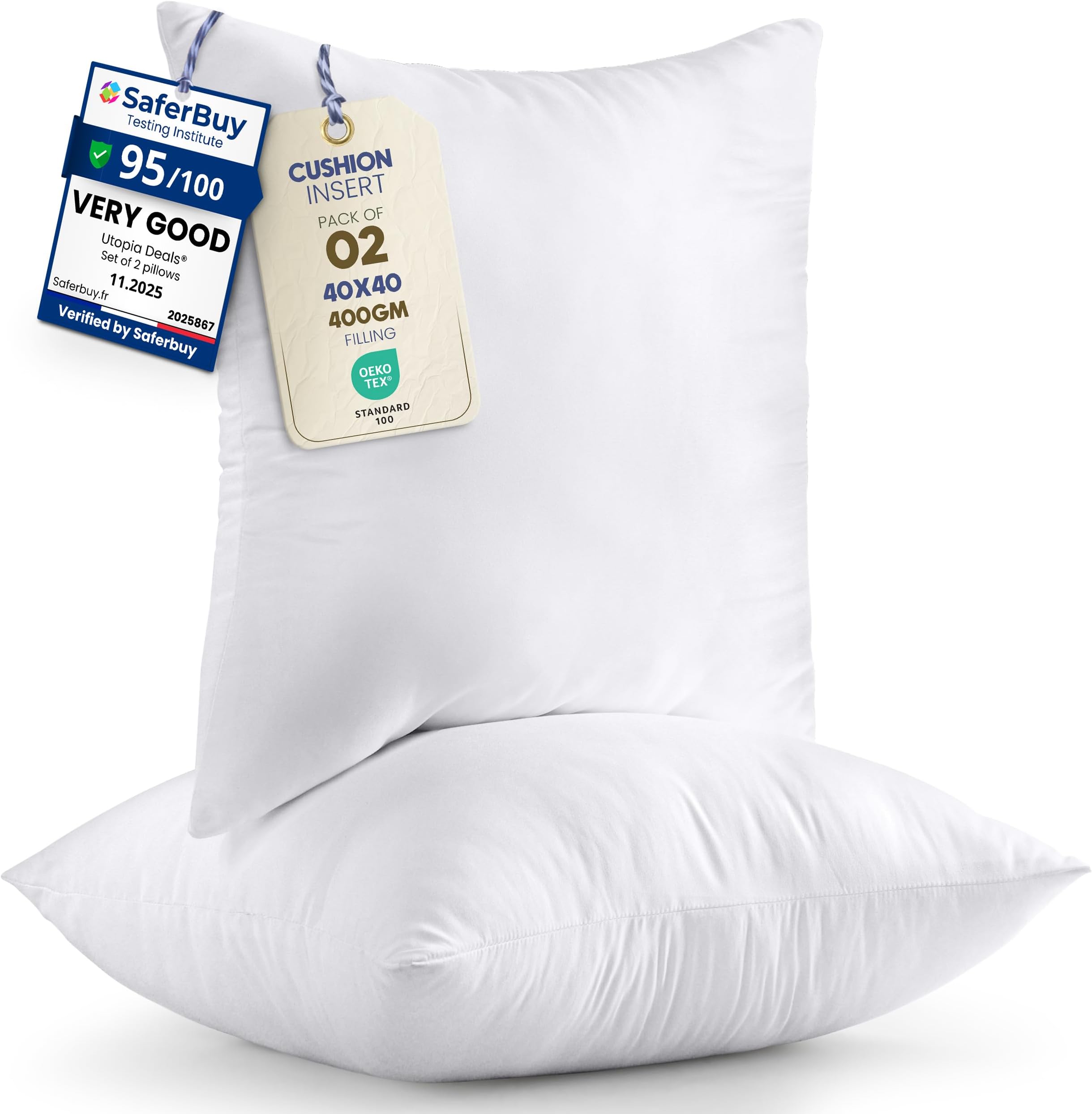 Utopia Bedding Cushion Inserts 40cm x 40cm (16x16 inch) Pack of 2 Hollowfibre Inner Pads for Sofa or Bed – White Cushions Fillers