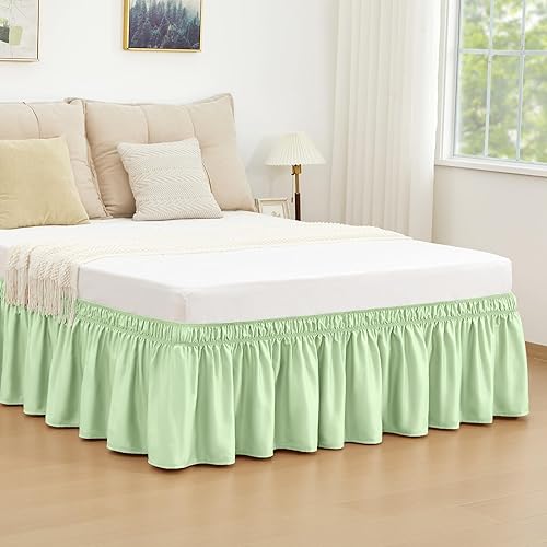 Vista 7 de Falda de cama RIMELA tamaño Queen color verde bebé con caída de 15 pulgadas, falda elástica envolvente, volante que protege contra el polvo