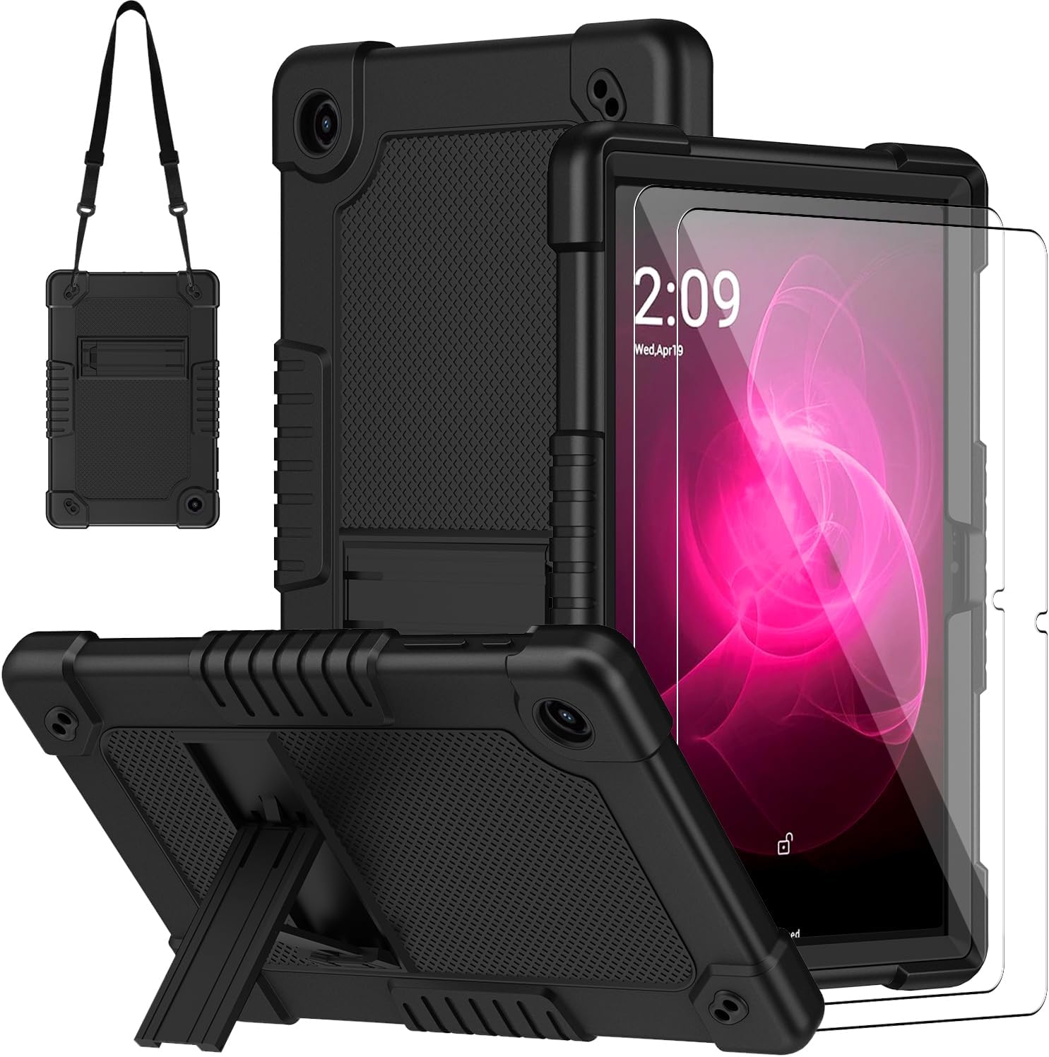 Case for T-Mobile Revvl Tab 2 2025 Released 10.1 inch Tablet with 2 PCS Screen Protector,Heavy Duty Shockproof Built in Kickstand Shoulder Strap Cover for Revvl Tab 2 (Black+2Pcs Glass)