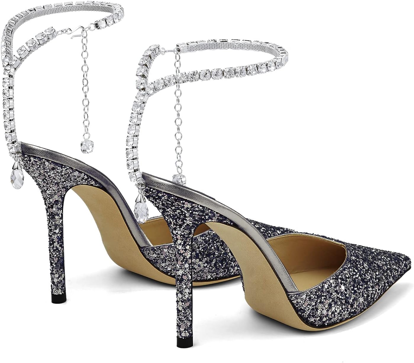 BlingQueen Women's Heeled Sandals Crystal Chain Rhinestone Embellished Strap Pumps Pointy Stilettos Backless Wedding Dressy Bridal Shoes - Image 3