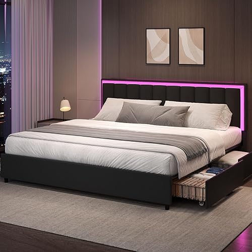 Miniatura 9 de Base de cama tamaño Queen con 4 cajones de almacenamiento, marco de cama tapizado con cabecero, luces LED RGB, marco de metal resistente y soporte