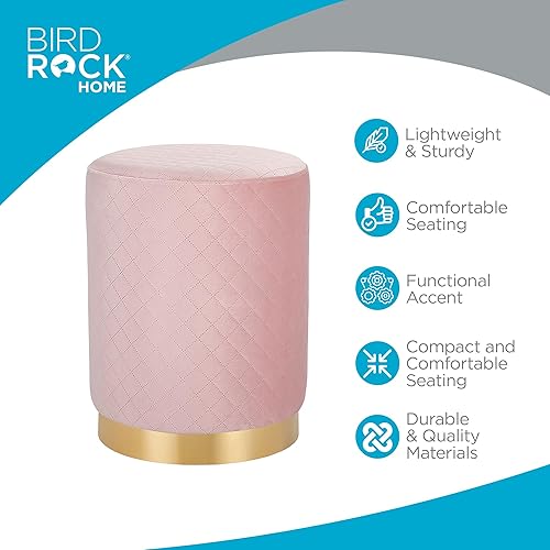 Miniatura 13 de BIRDROCK HOME Taburete otomano redondo de terciopelo con diseño de celosía y ribete dorado, reposapiés suave y acolchado para sala de estar o