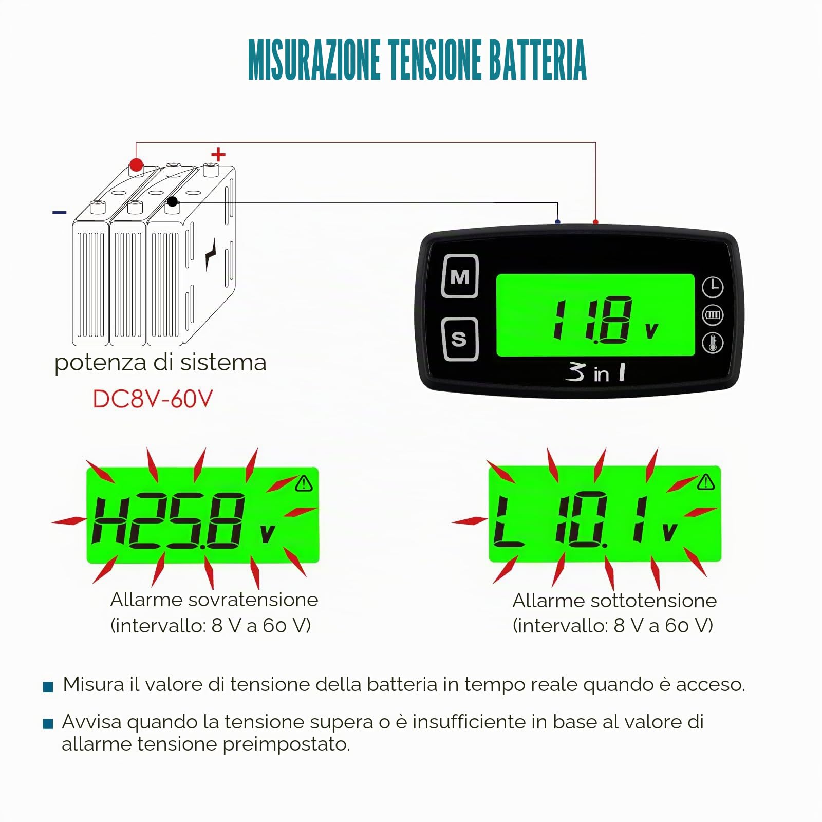 Runleader Indicatore Temperatura Motore Digitale Voltmetro RL-TM005 | Promemoria Avviso Programmabile,Display Orologio,Modalità Retroilluminazione Per Generatore,Moto,Dirtbike,Fuoribordo,Nautica
