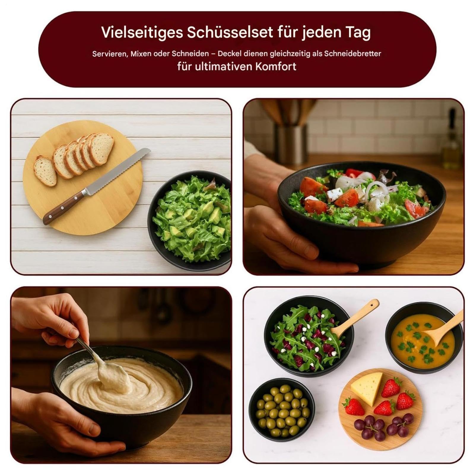 Bol Para Ensalada Con Tapa Para Preparar Almacenar y Servir | Ensaladeras Anidables Para Cocina Preparación Y Servicio De Comidas Ensalada Snacks Pan Sopa Frutas Verduras Con