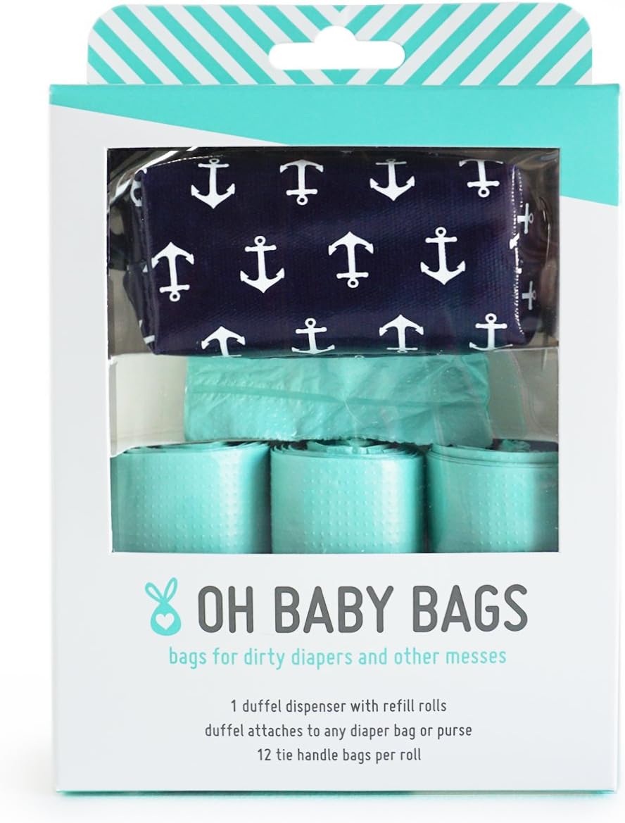 Oh Baby Bags Diaper Bag Clip-On Dispenser Gift Box with Disposable Bags for Dirty Diapers - Recycled Plastic - Navy with White Anchors Duffle Plus 48 Seaspray Scented Bags