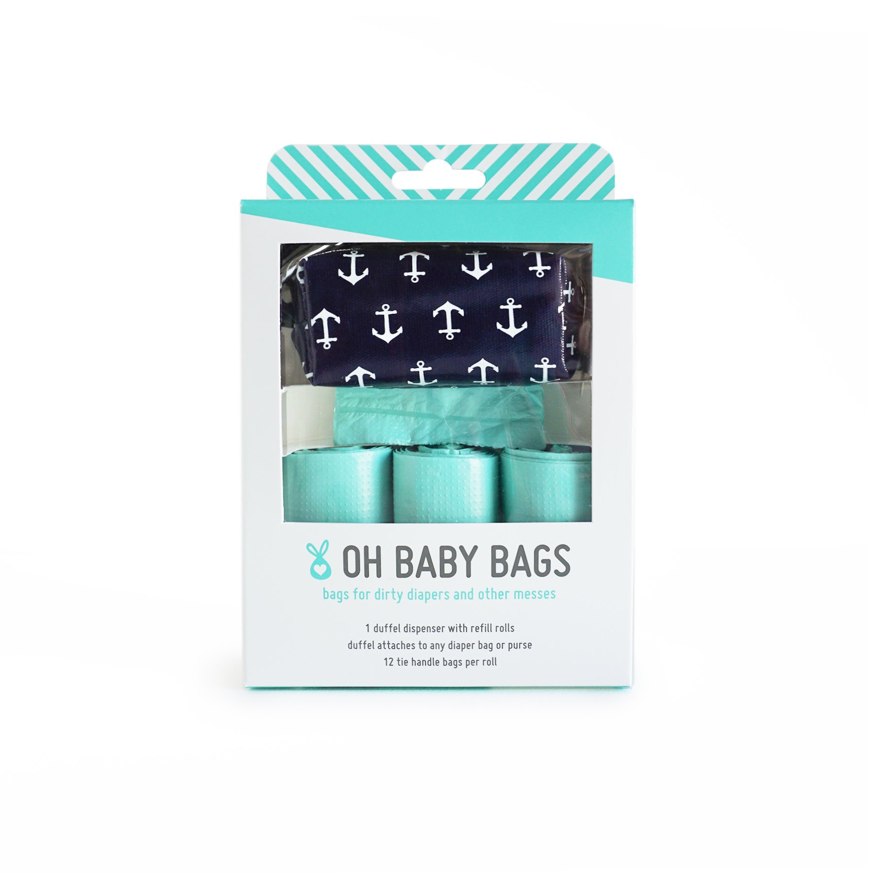 Oh Baby Bags Diaper Bag Clip-On Dispenser Gift Box with Disposable Bags for Dirty Diapers - Recycled Plastic - Navy with White Anchors Duffle Plus 48 Seaspray Scented Bags