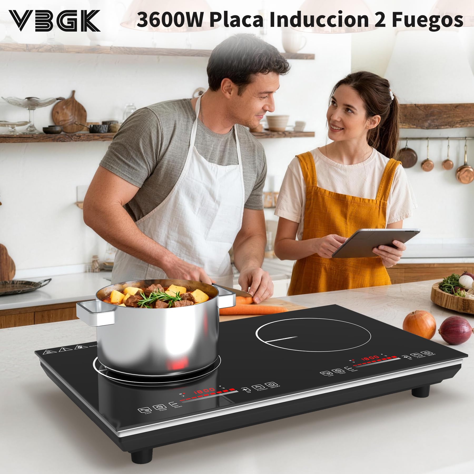 VBGK placa induccion 2 fuegos,3600W induccion 2 fuegos con mandos giratorios, 9 niveles de potencia, bloqueo de seguridad infantil