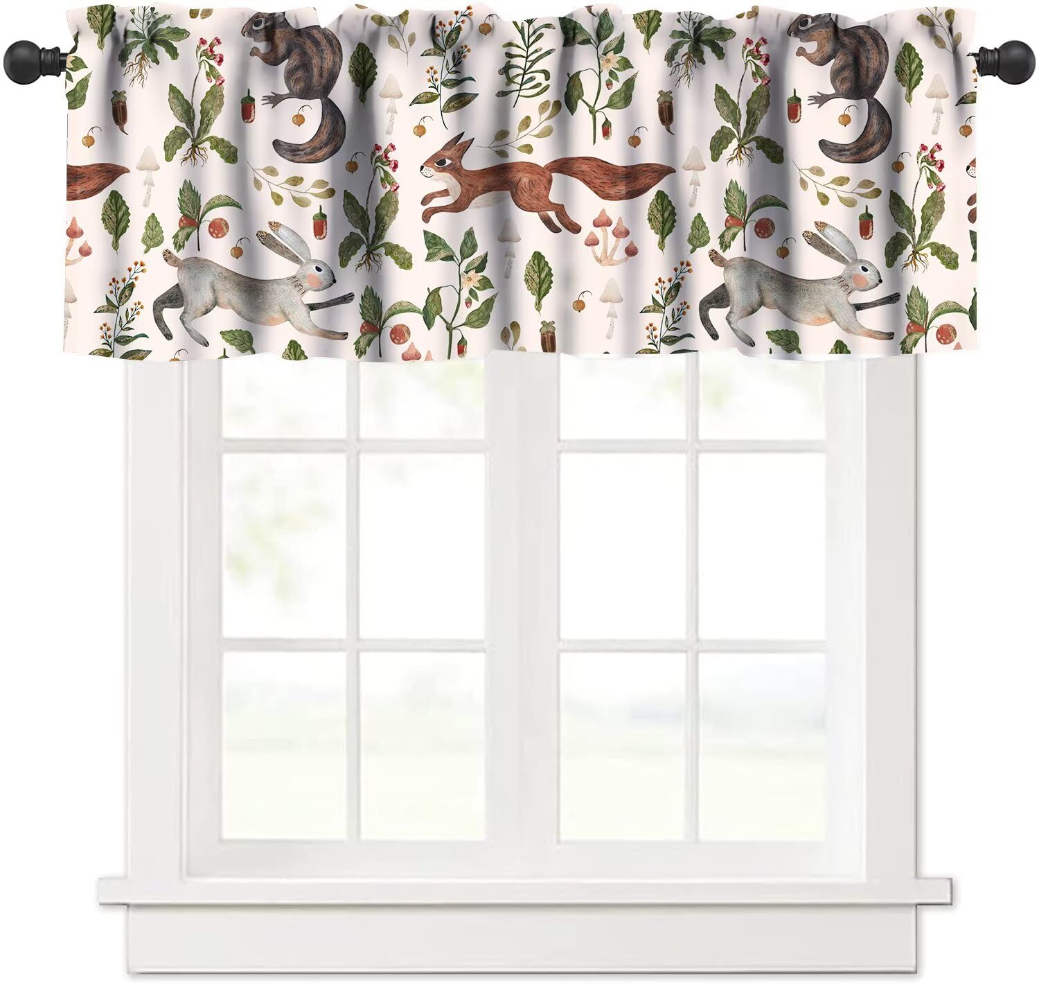 JanJCurt Rustic Forest Window Valance, Rustic Woodland Wild Animals Rabbit Fox Vintage Botanical Mushroom Herbs Blackout Short Window Curtain for