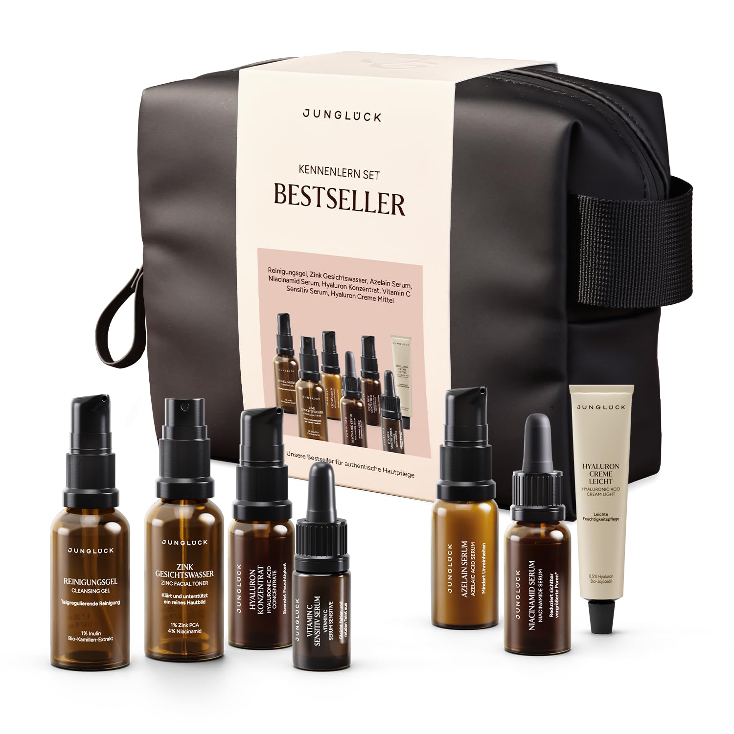 JUNGLÜCK Kennenlern Set Bestseller | Skincare Geschenkset für strahlende Haut – Reinigungsgel, Zink Gesichtswasser, 4 Seren & Hyaluron Creme
